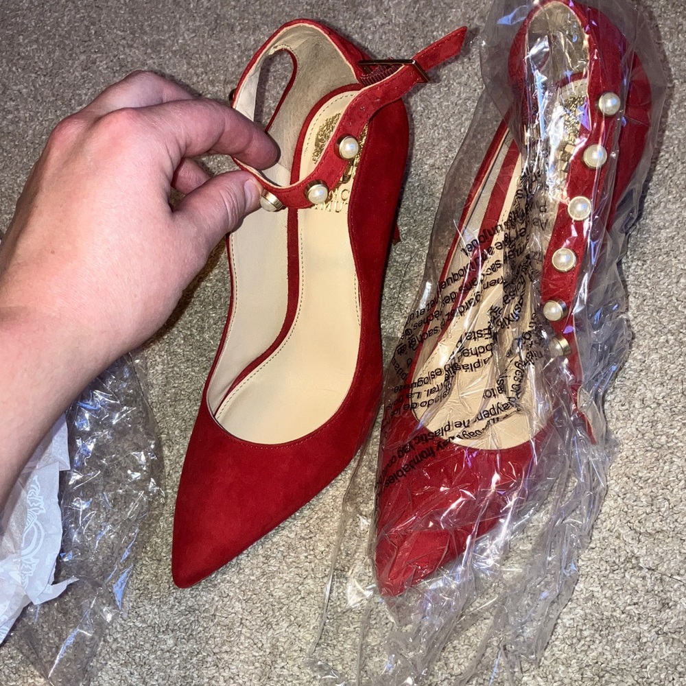 Vince Camuto Red Heels with Pearl Details
